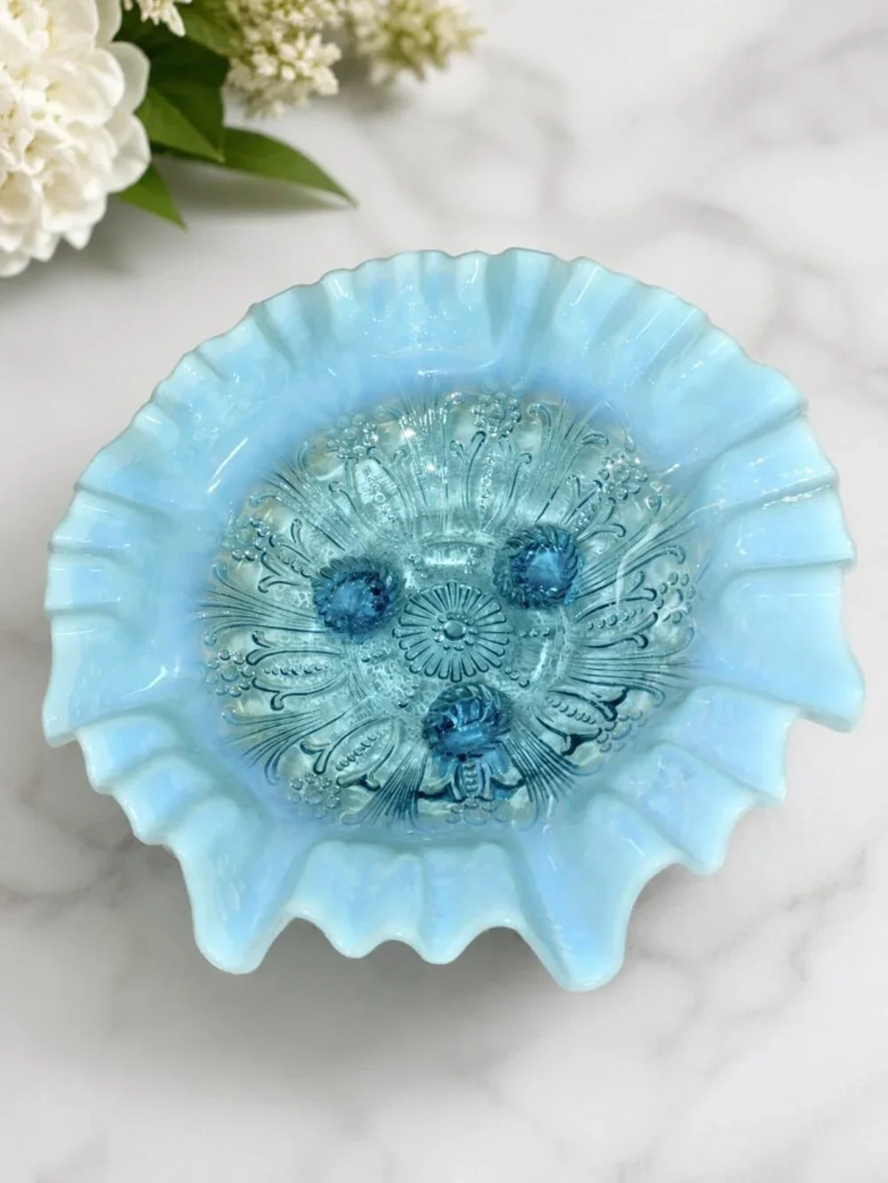 Antique Jefferson Blue Opalescent Beaded Fleur De Lis Footed Ruffled Glass Bowl